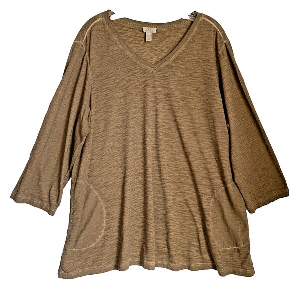 LOGO by Lori Goldstein Top 1X V Neck 3/4 Sleeve Relaxed Pockets Minimalist - Picture 1 of 10